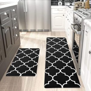 Tititex Boho Black Kitchen Rug Sets [2 PCS] Cushioned Anti-Fatigue, Waterproof Non-Slip Kitchen Mats Heavy Duty PVC Ergonomic Comfort Foam Rug for Kitchen, Floor Home, Office, Sink, Laundry