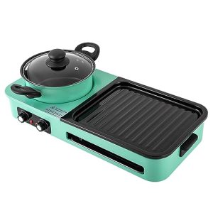 Electric Smokeless Grill, 3 in 1 Detachable BBQ Grill with Grill Net, Non-Stick Cooking Plate and Saucepan, Independent Dual Temperature Control for Barbecue, Frying, Soup Making