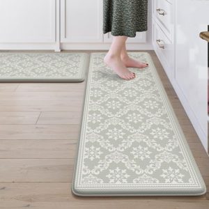 Sungea Kitchen Rugs Set of 2, Anti Fatigue Kitchen Mat Non Slip Cushioned Memory Foam Kitchen Floor Mat,Moroccan Ergonomic Waterproof Comfort Standing Desk Mat for Home Office Sink(Light Grey)