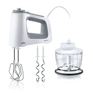 Braun Electric Hand Mixer, 9-Speed, Lightweight with Soft Anti-Slip Handle, Accessories to Beat & Whisk, Dough Hooks to Knead, & 2-Cup Chopper, White