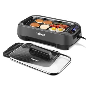 CUSIMAX Smokeless Grill, Electric Indoor Grill, 1500W Korean BBQ Grill with Non-stick Removable Grill/Griddle Plate, LED Smart Display & Tempered Glass Lid, Grey