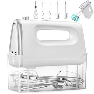 Hand Mixer Electric, 5-Speed Hand Mixer Electric Portable, with Snap-on Storage Case, 5 Stainless Steel Attachments,Dough Hooks Whisk Storage Case,Blender for Baking & Cooking,White