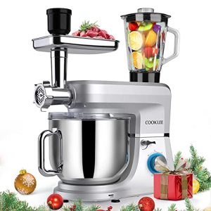 COOKLEE 6-IN-1 Stand Mixer, 8.5 Qt. Multifunctional Electric Kitchen Mixer with Beater, Whisk, Dough Hook, Meat Grinder and Other Accessories for Most Home Cooks, SM-1507BM, Silvery