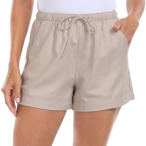 HDE Women’s Linen Blend Drawstring Shorts High Waisted 4″ Inseam Summer Shorts Gray Beige – M