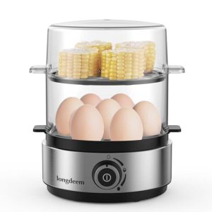 Longdeem Rapid Electric Egg Cooker & Vegetable Steamer, 14 Egg Capacity, Buzzer Feature for Poaching, Boiling (Soft, Medium, Hard), Stainless Steel, Non-BPA, Measuring Cup