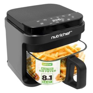 Nutrichef 5.8 Quart Air Fryer | 8-1 Preset Cook Modes | Transparent Fry Bowl for Best Cooking Results | Cook Shrimp, Steak, Fries, Wings, Chicken & More | Precise Temperature Control & Time | Grey