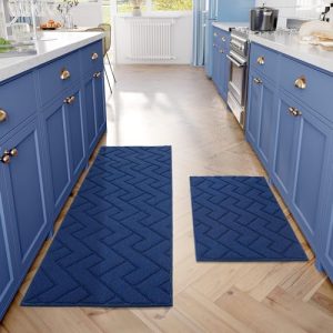 hicorfe Kitchen Rugs and Mats Sets,2 Pieces Super Absorbent Polypropylene Non-Slip Rug,Soft Comfort Floor Mat,Washable for Kitchen,Hallway,Office,Sink,Laundry(20″ x 31.5″+20″ x 48″,Navy Blue)