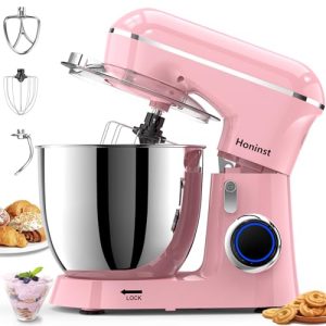 Honinst Stand Mixer, 6.5QT 10-Speed 660W Tilt-Head Electric Stand Mixer, 3-In-1 Kitchen Mixer with Bowl, Dough Hook, Whisk and Beater, Food Mixer for Baking, Cake and Most Home Cooks, Pink