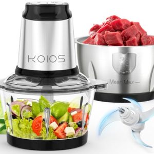 KOIOS 500W Powerful Electric Food Processor with 8 Cup Stainless Steel & Glass Bowls, 2 Speed Mode Electric Food Chopper with 2 Sets Blades Electric Meat Grinder Chopper for Family & Baby Use, Black