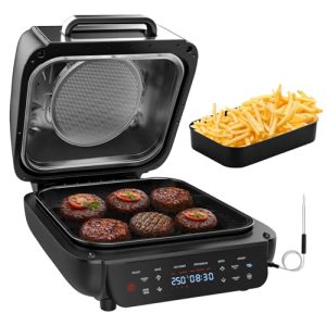 Parmedu Air Fryer Indoor Grill Combo: 12-in-1 Smokeless Electric Air Grill with Bake, Roast, Broil, Steam, Dehydrate, 1800W Power Grill with Smart Thermometer, Non-stick Dishwasher-safe Plates, 6Qt