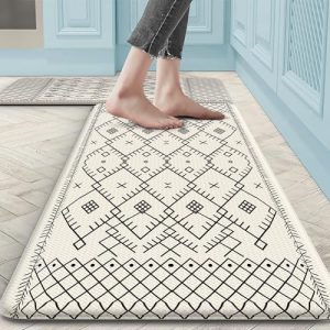 Sungea Boho Kitchen Rugs Sets of 2, Anti Fatigue Mats for Kitchen Floor Non-Slip Padded Cushioned Kitchen Floor Mats,Waterproof Ergonomic Memory Foam Kitchen Mat for Desk,Laundry,Sink(White)