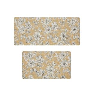 Laura Ashley – Anti-Fatigue Kitchen Mat, Iris Floral Design, Stain, Water & Fade Resistant, Cooking & Standing Relief, Non-Slip Backing, 2 Piece Set, Tawny Yellow