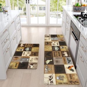 ASPMIZ Farmhouse Kitchen Mat Set Anti Fatigue 2 Piece Non Slip, Waterproof Buffalo Plaid Kitchen Floor Mat Cushioned, Washable Kitchen Rugs Runner Standing Comfort Mats Animal, 18” x 48”+18” x 30”