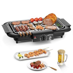 Electric BBQ Grill, Smokeless Non-Stick Indoor/Outdoor Barbecue Grill, 2000W Double tube High Power Portable Removable Stand Grill for BBQ Party (Premium Black)