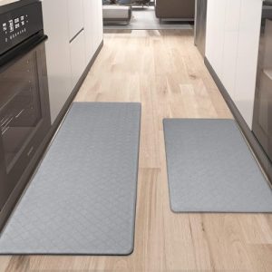 Yamaziot Kitchen Mats 2 PCS, Cushioned Anti Fatigue Kitchen Rug Set for Floor, Non-Slip Waterproof Comfort Standing Kitchen Rug for Kitchen, Office, Sink, Laundry, 17.3″x 28″+17.3″x 47″, Grey