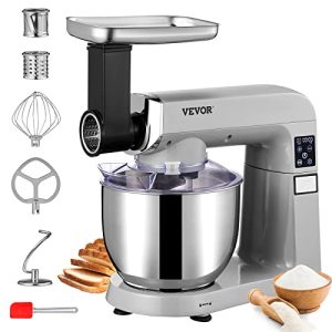 VEVOR 6 IN 1 Stand Mixer, 450W Tilt-Head Multifunctional Electric Mixer with 6 Speeds LCD Screen Timing, 7.4Qt Stainless Bowl, Dough Hook, Flat Beater, Whisk, Scraper, Grinder, Stuffer, Slicer – Gray