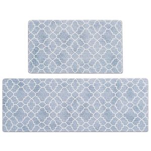 FRESHMINT Kitchen Mat Set of 2, Anti-Fatigue Cushioned Kitchen Mats for Floor, Waterproof Non Slip Comfort Standing Mat, Boho Kitchen Rug for Kitchen Decor, Sink, Office, 17″x30″+17″x47″, Lake Blue