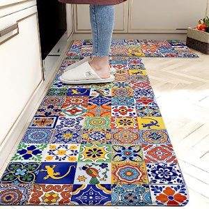 weesire Boho Kitchen Rugs Set 2 Pieces Memory Foam Colorful Ceramic Comfort Tile Floor Mat Anti Fatigue Non-Skid PVC Runner Rug Water & Oil Proof Carpet for Kitchen Laundry Sink,17.3×28+17.3×47 Inch