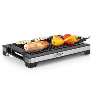 COMMERCIAL CHEF Indoor Grill for Tabletop, Countertop or Kitchen, 1600W Electric Grill with Adjustable Temperature Control, Stainless Steel and Black Portable Grill for Indoor Use