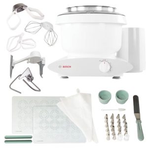 Bosch Universal Plus Stand Mixer with NutriMill Baker’s Pack Accessory Bundle including Bowl Scraper, Cookie, and Cake Paddles, Icing Kit, and Silicone Cookie Sheet Liners