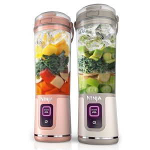 Ninja BC155PS Blast Two-Pack Portable Blender, Cordless, 18oz. Vessel, Personal Blender-for Shakes & Smoothies, BPA Free, Leakproof-Lid & Sip Spout, Rechargeable, Dishwasher Safe Parts, Peach & Stone