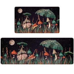 ASPMIZ Mushroom Kitchen Mat Anti Fatigue, Black Memory Foam Kitchen Rugs Set of 2 Non Slip, Waterproof Kitchen Floor Mats Cushioned for in Front of Sink Laundry Office, 18” X 48” + 18” X 30”