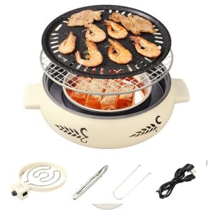 2 IN 1 Smokeless Indoor Electric BBQ Grill/Portable Charcoal Grill with Grill Pan and Grill Net,for Indoor Outdoor Cooking, Bonfire, Patio, Backyard Picnic