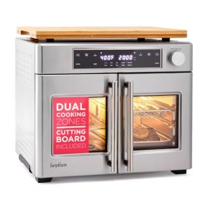 Dual Zone Air Fryer French Door Oven – 32 Qt Convection Toaster Combo – 10-in-1 Multifunction Up to 450° – 1800W – Temperature Control, Timer – Stainless Steel – Dehydrate, Broil, Bake, Roast, Ferment