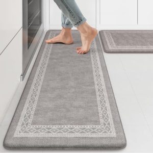 KIMODE Anti Fatigue Kitchen Mat for Floor, Farmhouse Kitchen Rugs Sets of 2, Non-Slip Kitchen Floor Mat,Cushioned Standing Mat for Sink, Laundry, Office,Home, Desk Grey 17″x47″+17″x29″