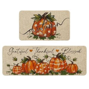 Artoid Mode Orange Polka Dot Pumpkin Maple Leaf Fall Kitchen Mats Set of 2, Thanksgiving Home Decor Low-Profile Kitchen Rugs for Floor – 17×29 and 17×47 Inch