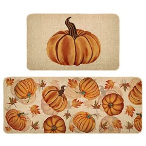 Fall Pumpkin Kitchen Mats Set of 2, Non-Slip Absorbent Rug and Door Mats, Seasonal Autumn Maple Leaves Decorative Kitchen Floor Mat 17×29 and 17×47 Inch DM087