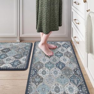 LEEVAN Kitchen Rugs Non Slip, Cushioned Kitchen Floor Mats Set of 2, Blue Anti-Fatigue Kitchen Mat Waterproof, Ergonomic Memory Foam Standing Mat for Bar,Office,Desk,Laundry