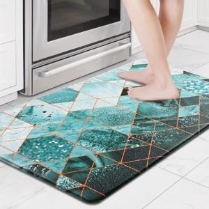 ASPMIZ Modern Kitchen Mat for Floor Cushioned Anti-Fatigue Kitchen Rugs Non Slip Memory Foam Kitchen Mats Rug Waterproof PVC Comfort Heavy Duty Standing Doormat Office Sink 17” x 30” Teal Marble