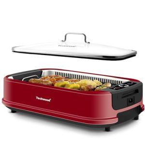 Techwood Indoor Smokeless Grill 1500W Electric Grill with Tempered Glass Lid, Compact & Portable Non-Stick BBQ Grill with Turbo Smoke Extractor Technology, LED Smart Control Panel, Red