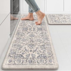 KIMODE Anti Fatigue Kitchen Mats for Floor, Boho Floral Kitchen Rugs 17″x47″+17″x29″, Cushioned Mats for Kitchen Floor, Non Slip Kitchen Floor Mats, Sink, Laundry, Office, Desk Blue Multi