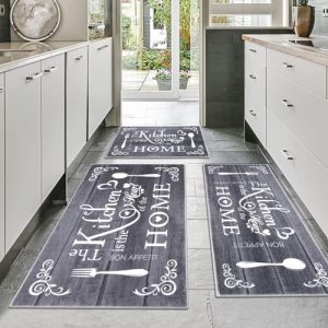 Vaukki Boho Kitchen Rug Sets 3 Pieces, Washable Kitchen Mats for Floor, Non Slip Soft Kitchen Area Rug Floor Mat for Kitchen, Laundry Room and Hallway (Grey, 20”x32”+20”x47”+30”x51”)