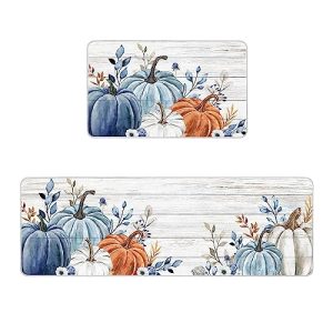 Fall Pumpkin Kitchen Mat Set 2 Pieces Thanksgiving Blue White and Orange Ombre Pumpkins Rustic Wood Grain Non Slip Kitchen Rugs Washable Runner Rug Mats for Kitchen Sink, 23.6″ x 35.4″+23.6″ x 70.9″