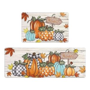 U’Artlines Fall Kitchen Mat Anti Fatigue Cushioned Comfort Standing Desk Mats Rugs Colorful Pumpkin Kitchen Mats for Floor 17″x28″+17″x47″