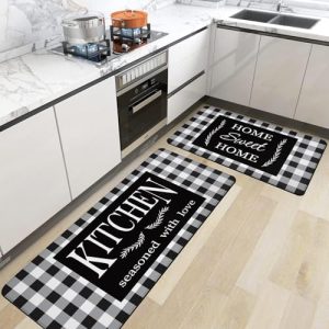 Black and White Buffalo Plaid Kitchen Rugs, Set of 2 Farmhouse Kitchen Quotes Checkered Kitchen Mats, Non-Skid Washable Anti Fatigue Comfort Standing Mats for Kitchen, Sink, 17.3×28+17.3×47 Inch