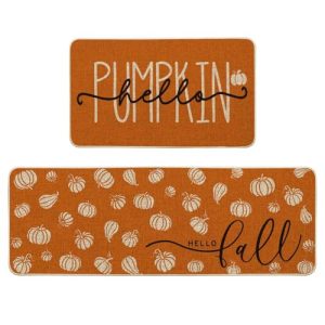 Artoid Mode Orange Hello Pumpkin Fall Kitchen Mats Set of 2, Autumn Home Decor Low-Profile Kitchen Rugs for Floor – 17×29 and 17×47 Inch