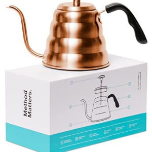 Barista Warrior Gooseneck Kettle for Pour Over Coffee and Tea with Thermometer for Exact Temperature, Precision Pour Drip Spout, Compatible with all Stove Tops (Copper Coated, 1.2 Liter, 40 fl oz)