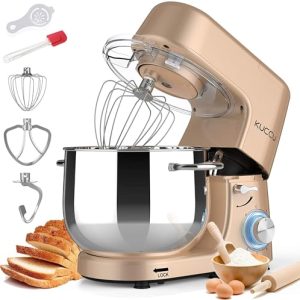 9.5 QT Double Handle KUCCU Stand Mixer, 6 Speed with Pulse Electric Kitchen Mixer, 660W Tilt-Head Food Mixer with Dishwasher-Safe Dough Hook, Flat Beater, Whisk, Splash Guard for home baking (Gold)