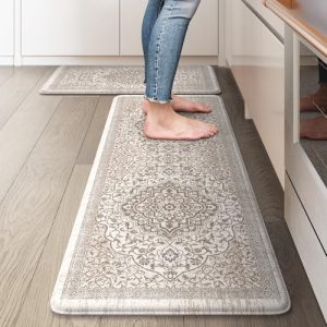 Ailsan Anti Fatigue Mats for Kitchen Floor Non Slip, Cushion Kitchen Mats for Floor 2 Piece, Memory Foam Kitchen Mat Waterproof, Comfort Standing Mat for Office, Laundry, Sink, Beige