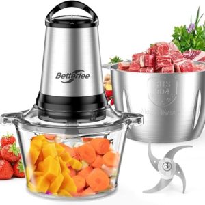 Meat Grinder, 500W Powerful Food Processor with Handle, 2 Bowls(8 Cup+8 Cup)-Includes 1 Set of Bi-Level Blades, Electric Veggie Chopper for Family, Baby Food, Nuts, Grains