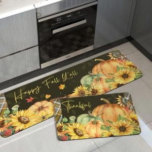 APROPHIC Autumn Kitchen Mats for Floor Buffalo Plaid Kitchen Rug Pumpkin Sunflower Absorbent Non-Slip Runner Rug for Festive Decor, Cushioned Standing,17×24 + 17×41 in