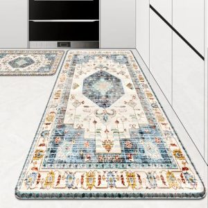 HappyTrends Boho Kitchen Mat,Anti-Fatigue Kitchen Mats for Floor Cushioned Rug for Kitchen Decor Accessories,Waterproof Non-Slip Mats and Rugs Set for Office,Floor 17.3″×30″+17.3″×47″,Light Blue