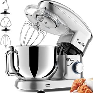 Electric Stand Mixer, Facelle 6 Speed Kitchen Mixer with Pulse Button, Attachments include 6.5QT Bowl, Dishwasher Safe Beater,Dough Hook,Whisk,Splash Guard for Dough,Baking,Cakes,Cookie (Silver)