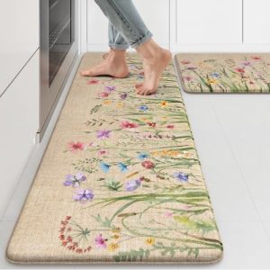 KIMODE Anti Fatigue Kitchen Mat, 17″x47″+17″x29″ Floral Kitchen Rugs Sets of 2, Farmhouse Kitchen Floor Mats Non-Slip Cushioned, Comfort Standing Desk Mat for Sink, Laundry,Home Brown