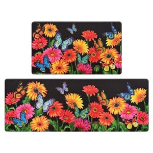 ASPMIZ Floral Kitchen Rugs Set of 2, Farmhouse Flower Kitchen Mats Cushioned Anti Fatigue, Waterproof Kitchen Rugs Non Slip Washable, Spring Summer Kitchen Mats for Floor, 17” x 30” + 17” x 47”