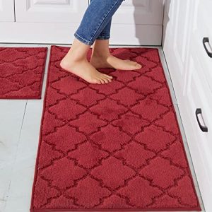 COSY HOMEER Soft Kitchen Rugs [2 PCS] for in Front of Sink Super Absorbent Kitchen Floor Mats and Mats 20×30 Inch/20X48 Non-Skid Kitchen Mat Standing Mat Washable,Polyester,Red